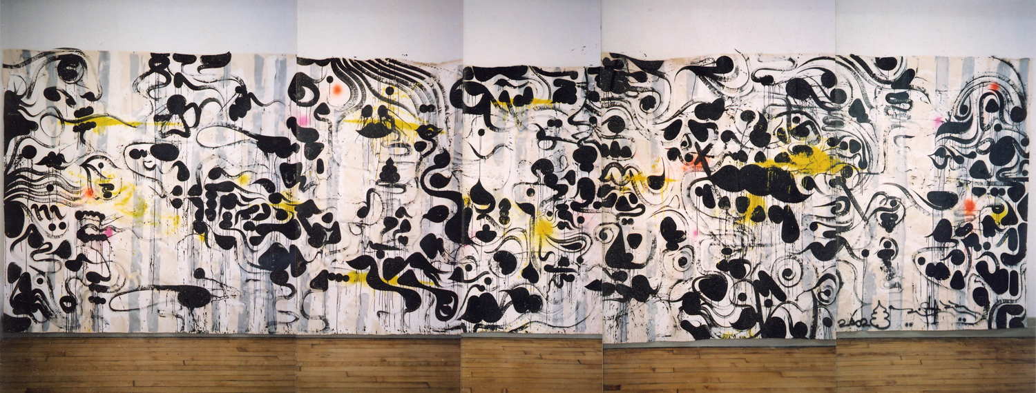  Between The Lines (Colonics), 2002 acrylic, ink and spray paint on canvas 8 x 30 feet 