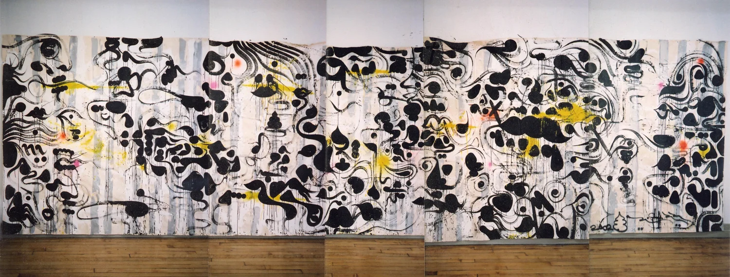 Between The Lines (Colonics), 2002 acrylic, ink and spray paint on canvas 8 x 30 feet