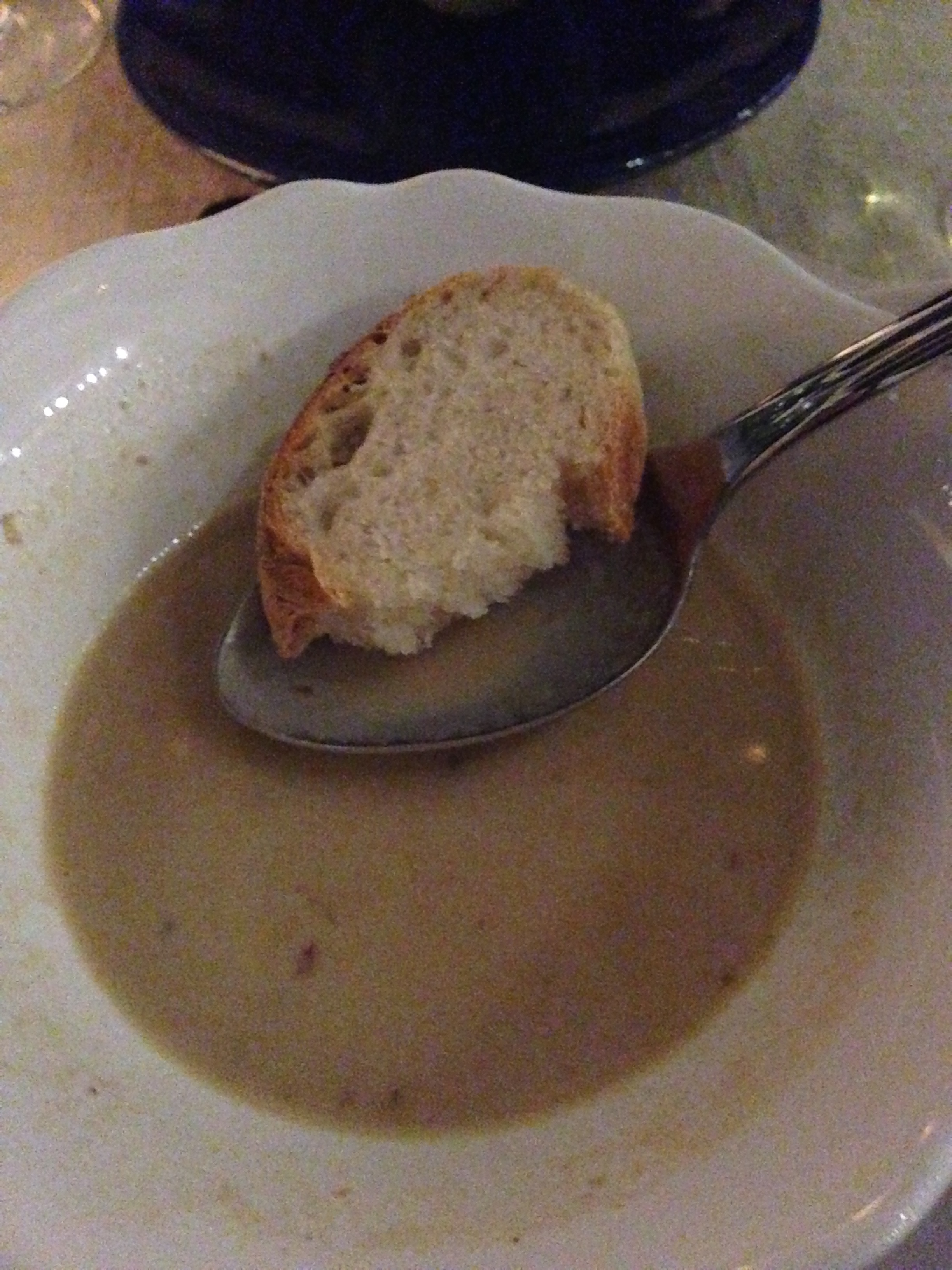 First course: Creamed soup of parmesan with wild mushrooms and foie gras and homemade bread