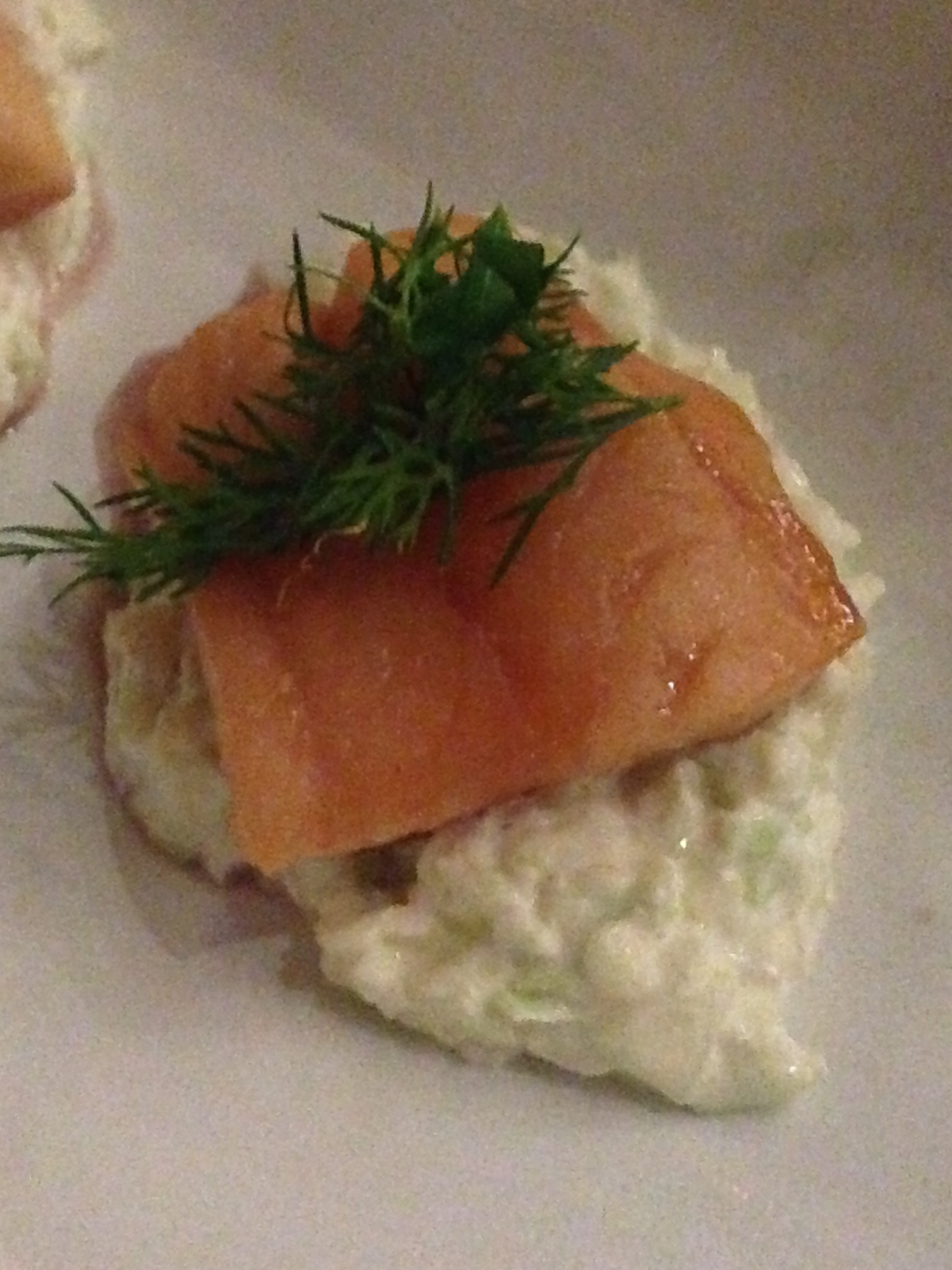 Fifth Course: Port glazed hot smoked salmon with fennel sesame seed salad