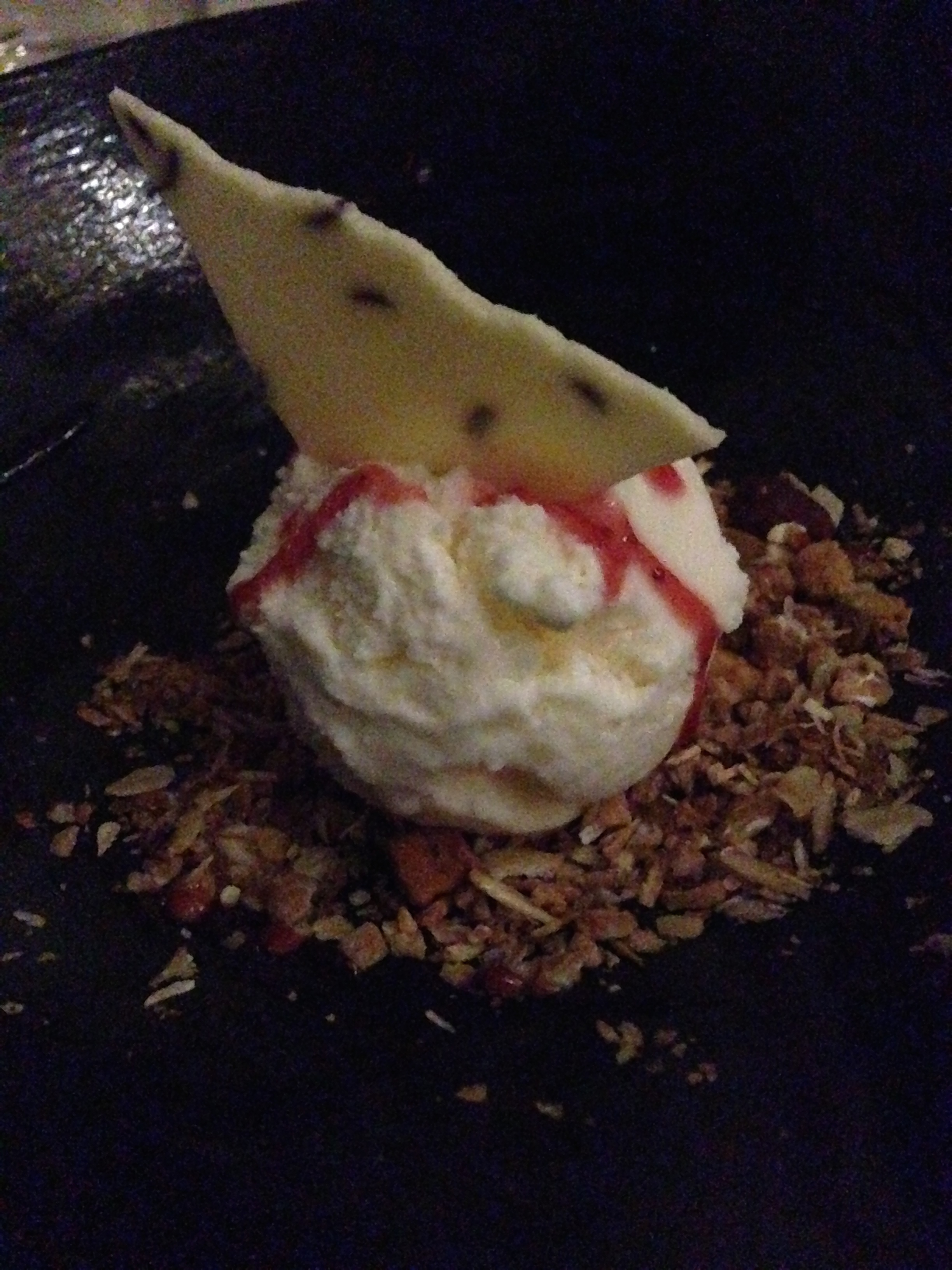  Ninth Course: DESSERT!! First part, homemade Icelandic ice cream with granola and white chocolate accent 