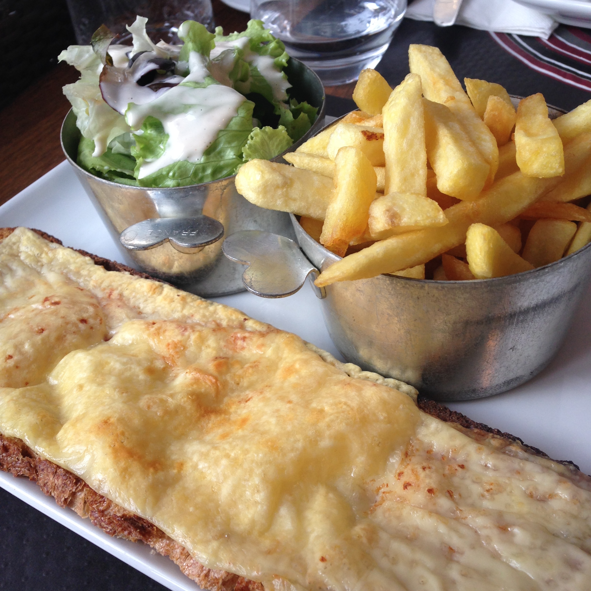  first meal in paris...tfromage and jambon tartine&nbsp;(cheese &amp; ham&nbsp;on bread)&nbsp;with frites and salad 