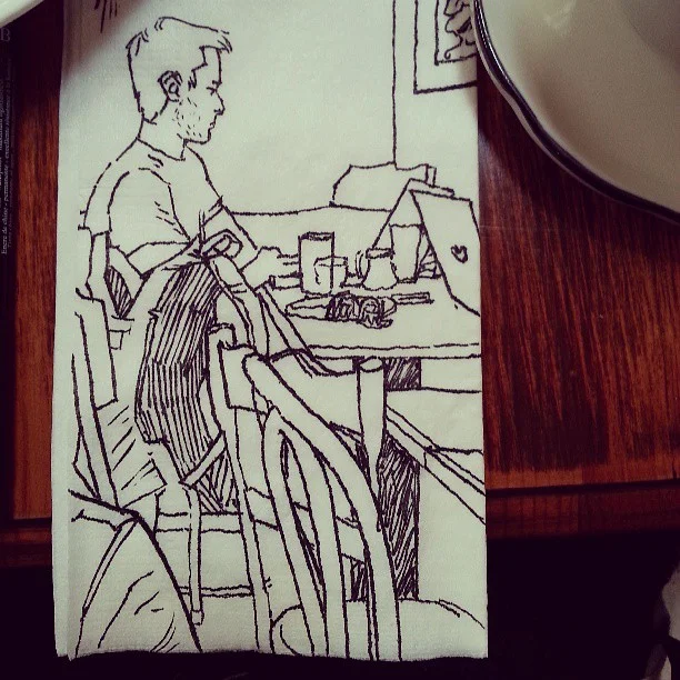 Stealth napkin doodle of a fellow Brooklynite working at a cafe.