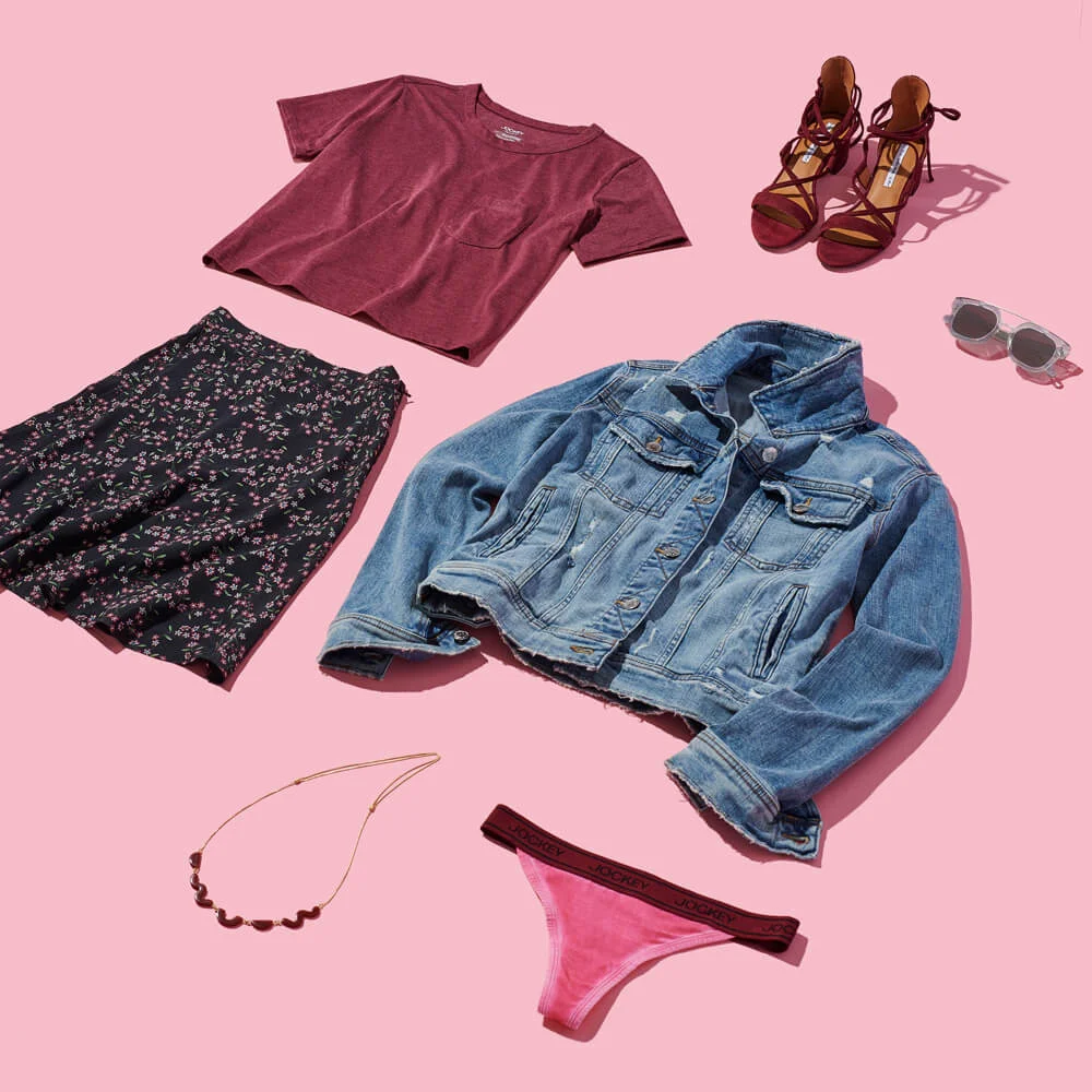 client: pop sugar x jockey credits: photo- jenna gang, styling- sharon frances, art direction- colleen lennon, producer- sasha bar-tur description: conceptual fashion still life lay down of summer outfit featuring Jockey products.