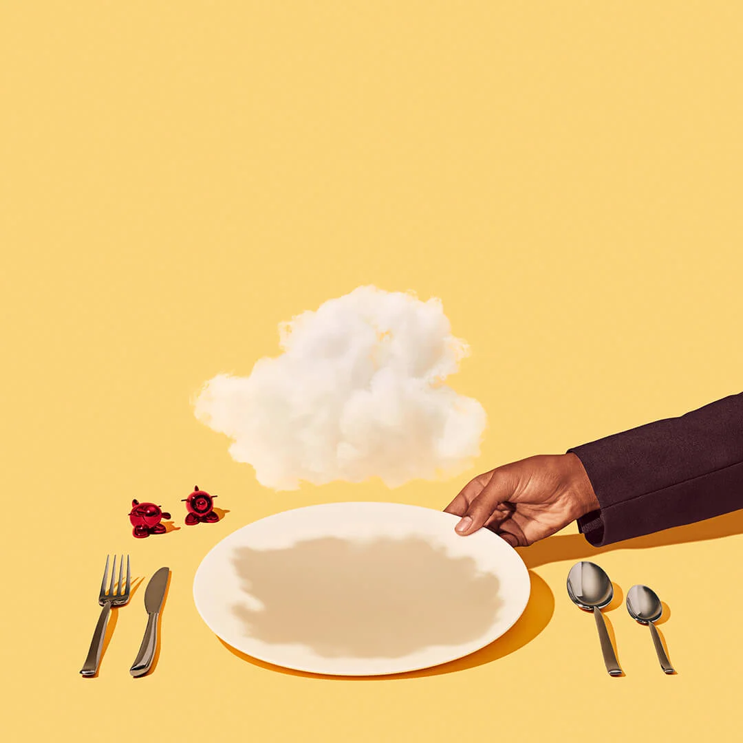 client: virgin atlantic credits: photo- jenna gang, food styling- ali nardi description: conceptual still life photograph of modeling reaching for cloud champagne.