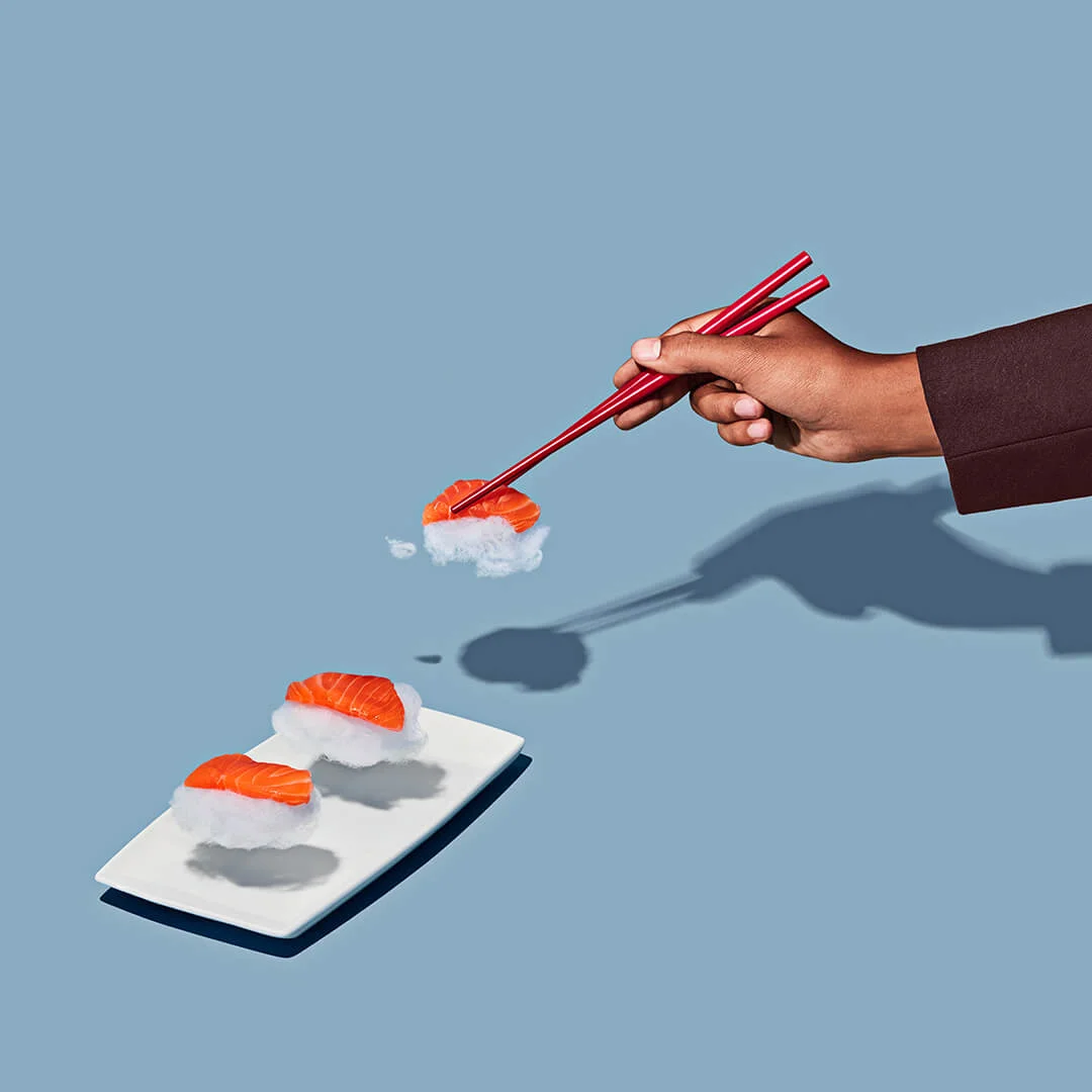 client: virgin atlantic credits: photo- jenna gang, food styling- ali nardi description: conceptual still life photograph of modeling eating cloud sushi.