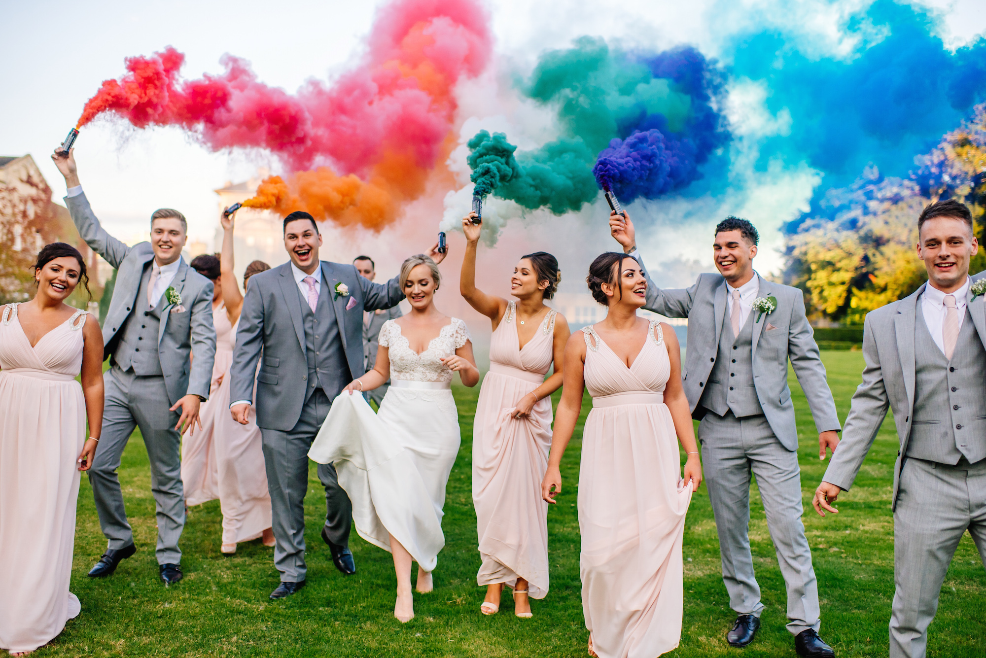 15 Down Hall Country House Hotel Bridal Party Smoke Bomb Wedding Photography.jpg