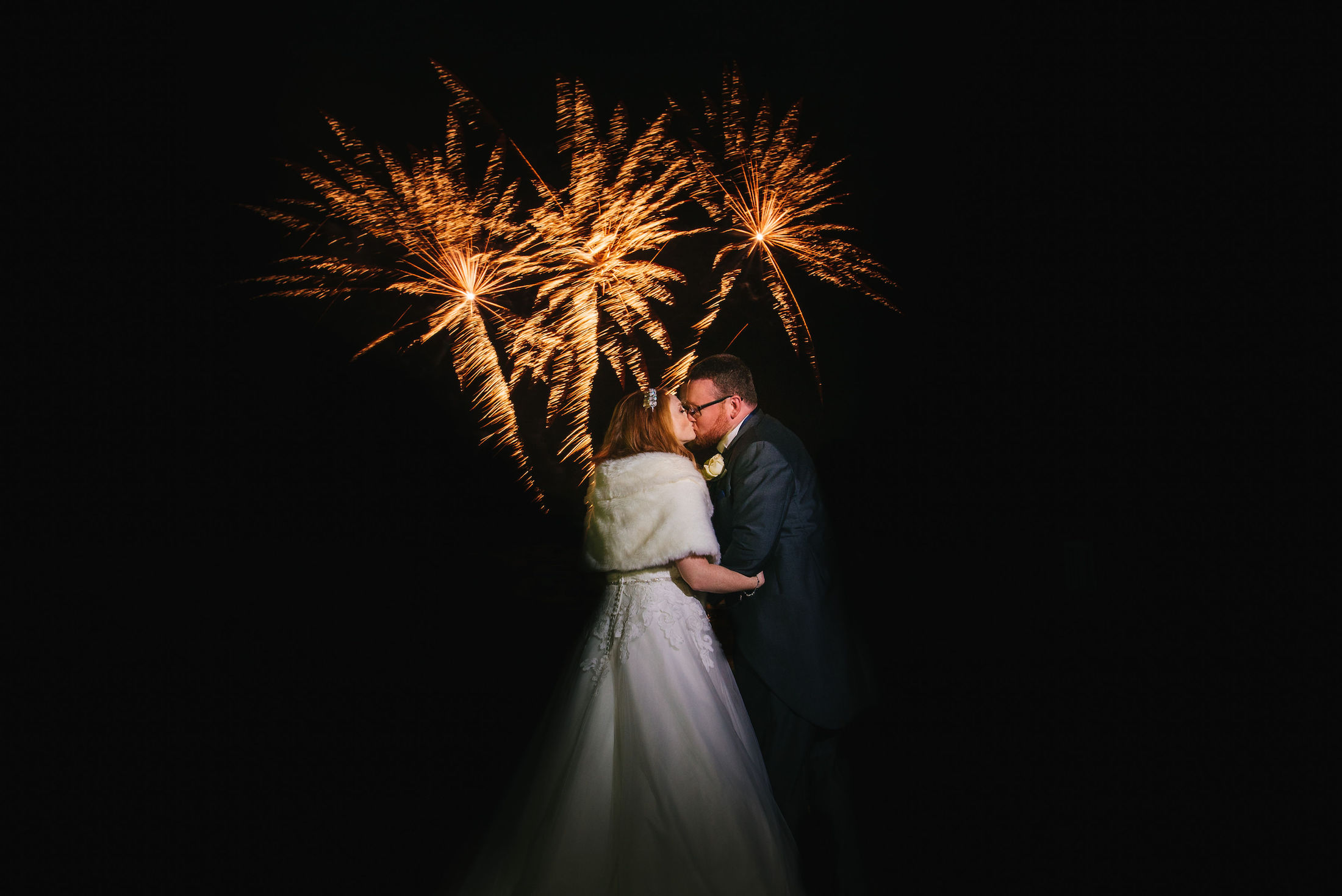 4 Lillibrooke Manor Bride  Groom Kiss Fireworks winter Wedding Photography Berkshire.jpg