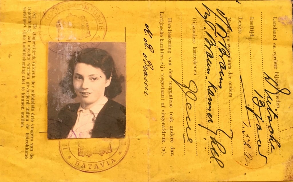Mimi's 1939 ID papers, issued by Dutch authorities in Java. Mimi is 13 years old in this picture.