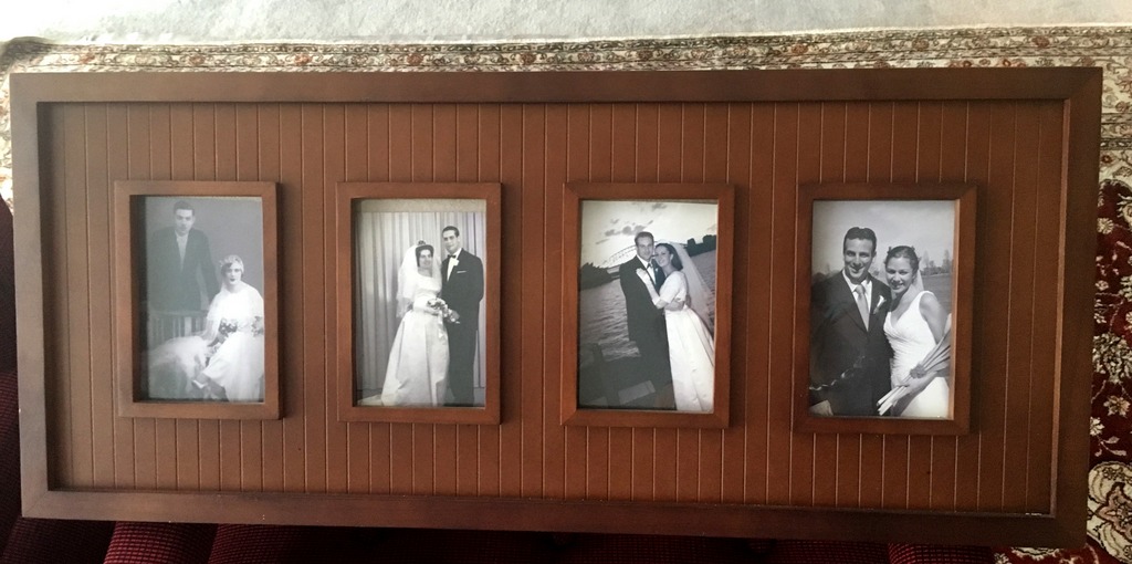Wedding photos of Viviane's parents, Viviane and Maurice and both her sons in one frame.