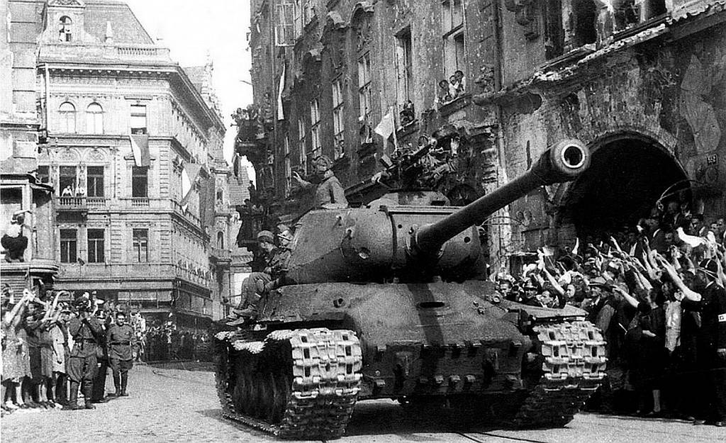 Soviet tank, with a Czech crew, reaches Prague in 1945. Annetta and Stephanie returned then too.