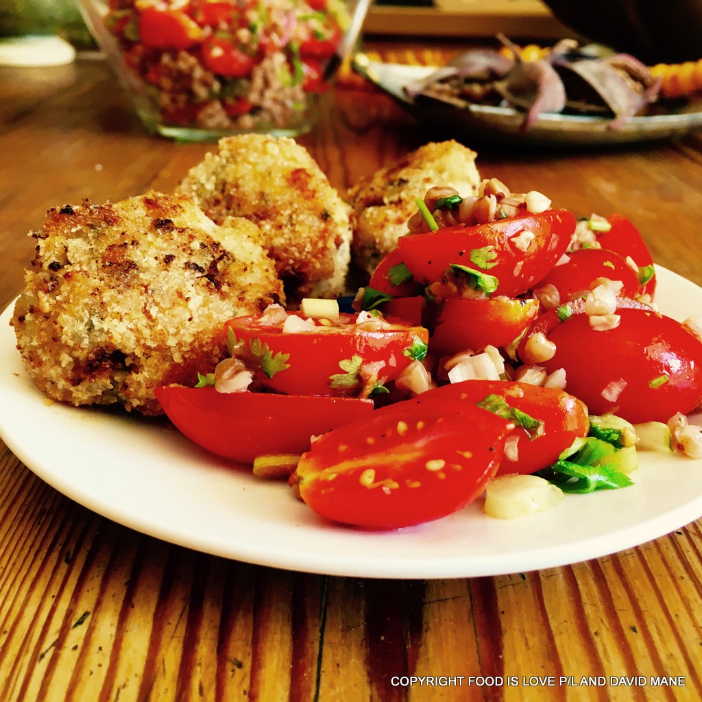 Chicken rissoles with tomato and kasha (buckwheat) salad