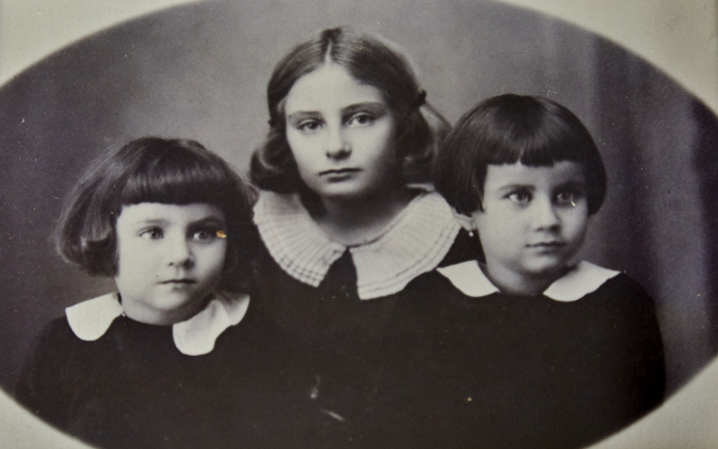 Three sisters. Left to Right - Youngest Marta, oldest Erna and Baba Keimovits, around 1933, Nyirbator, Hungary.