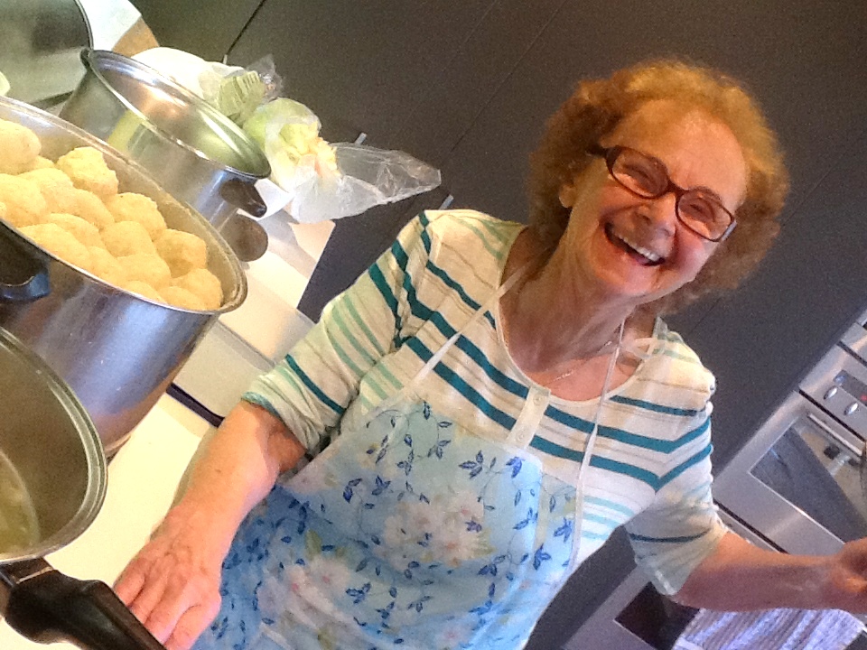 Hania's matzo ball pot, almost as tall as she is!