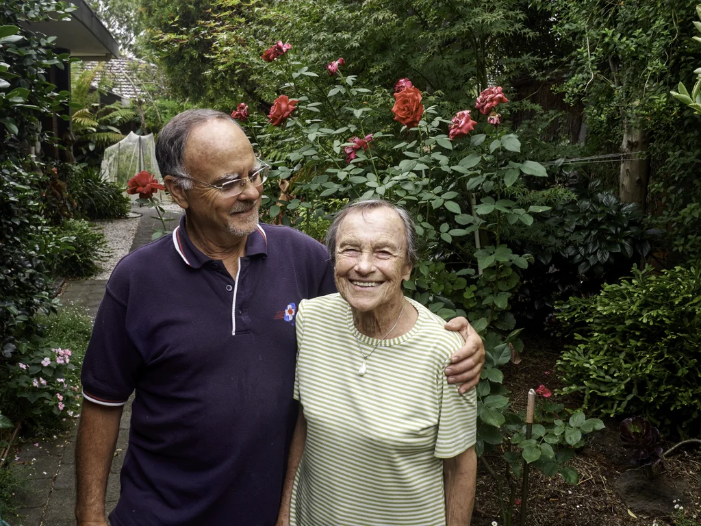 Sarah Saaroni with her son Dr Gideon Saaroni in her organic garden. She is still growing her own veges. 