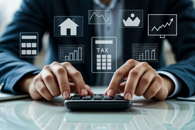 Financial planner calculating taxes based on equity and performance.