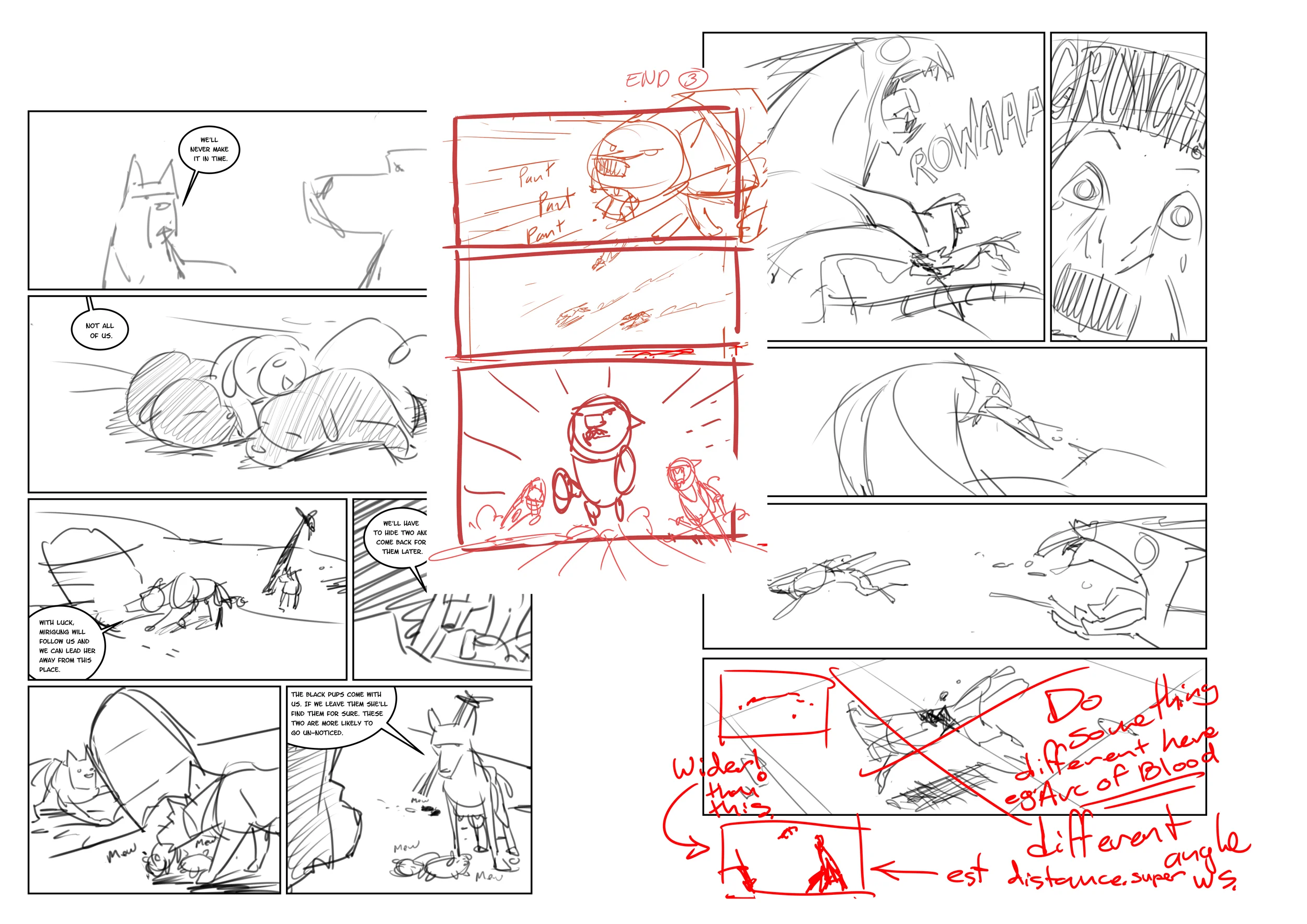 This is a collection of my rough pages. Most are pretty tidy. Some are quick thumbnails inserted where I thought I needed an extra story beat and others have my "Editors" notes all over them.