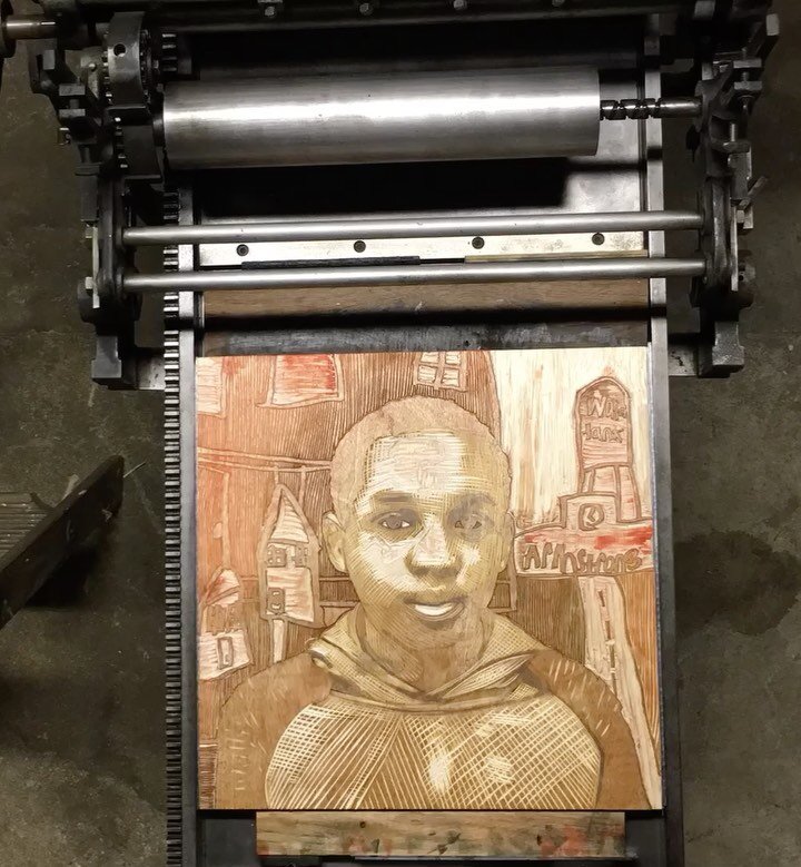 Works in progress on the press for @cisofrva. It&rsquo;s hard not to love the matrix more than the print. Maxing out the width of the press!#mystreetbeginsatmyhouse #ellajenkins #ink #letterpress #woodcut