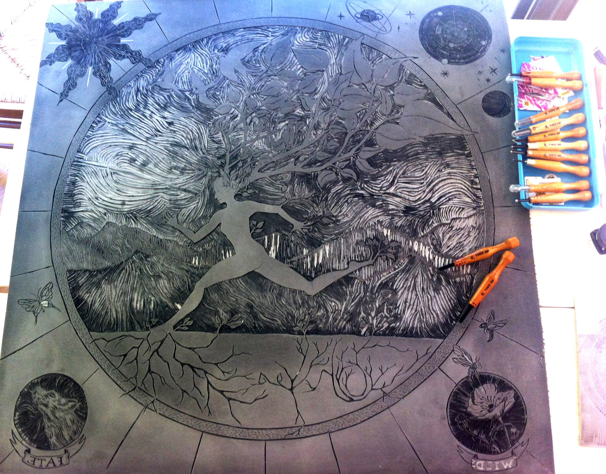 Root and Rise. Linoleum cut I did for Steam Roller print at San Francisco Center for the Book, 2015.