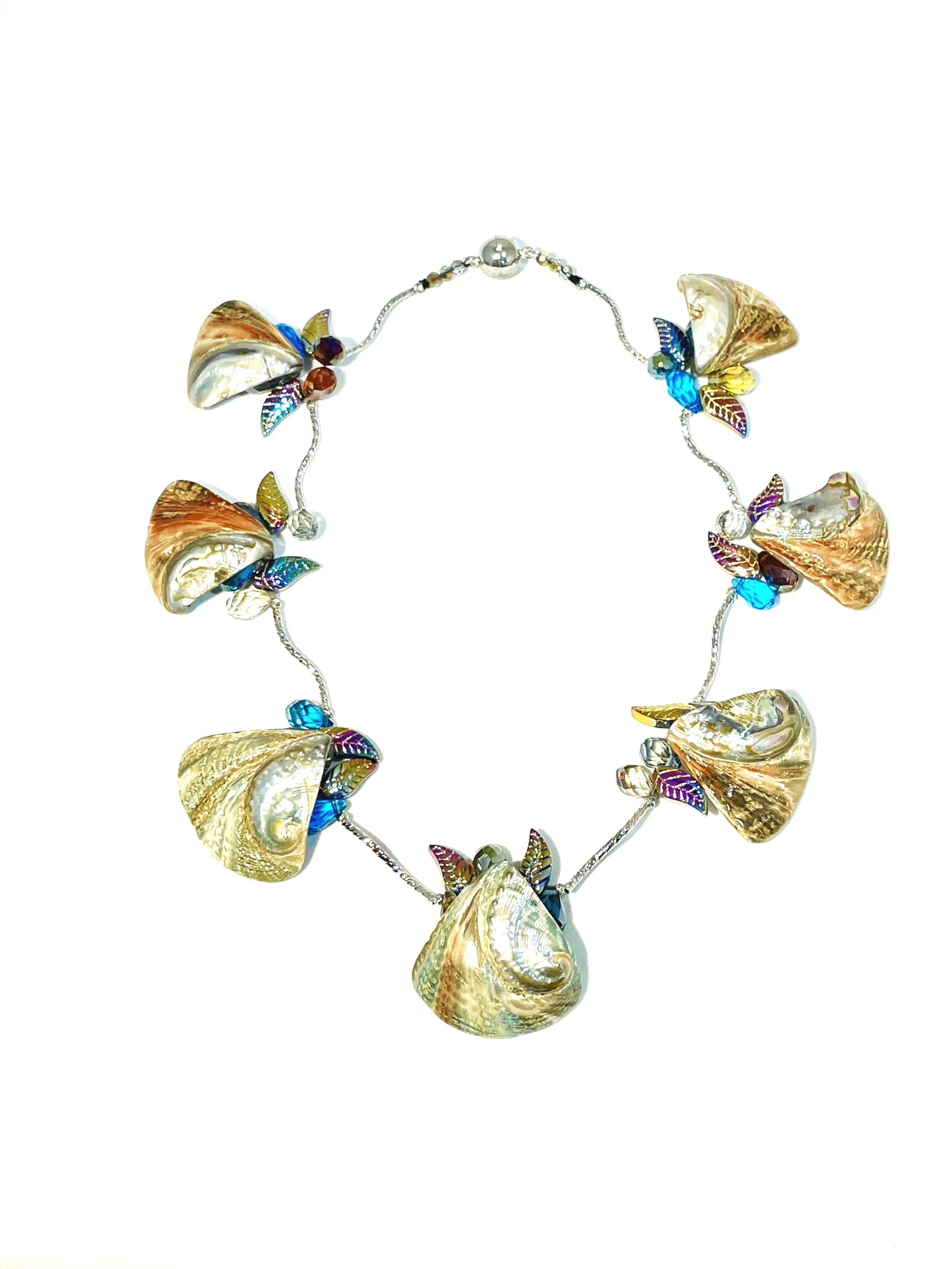 Whimsical Statement Necklace with Vibrant Colors of Abalone Shell and Crystals with Silver Magnetic Clasp