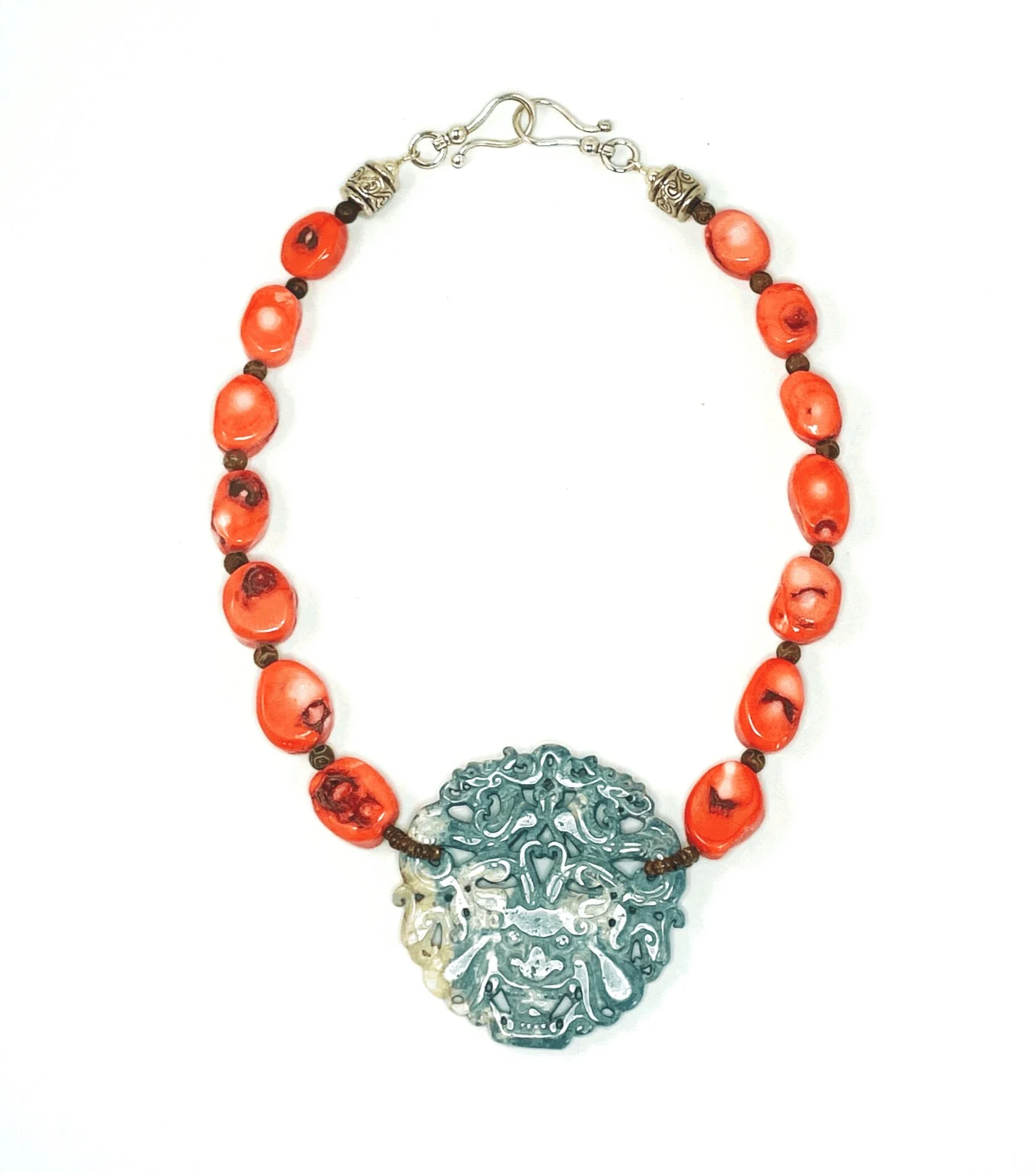Coral, Tibetan Agate, Wood with Carved Jade Medallion Statement Necklace with Signature Clasp