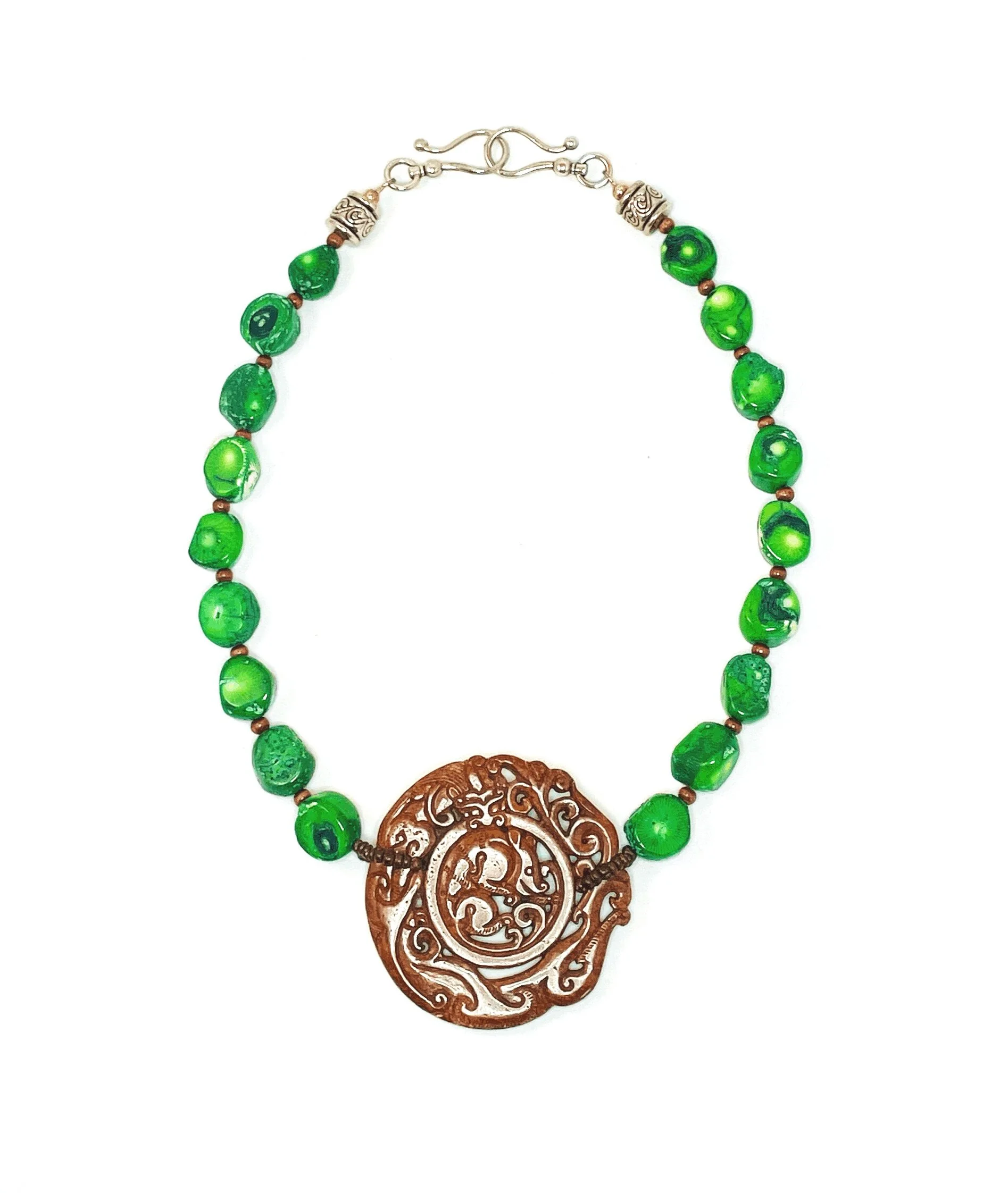 Green Coral and Wood with Rich Brown Carved Jade Medallion Statement Necklace with Signature Clasp