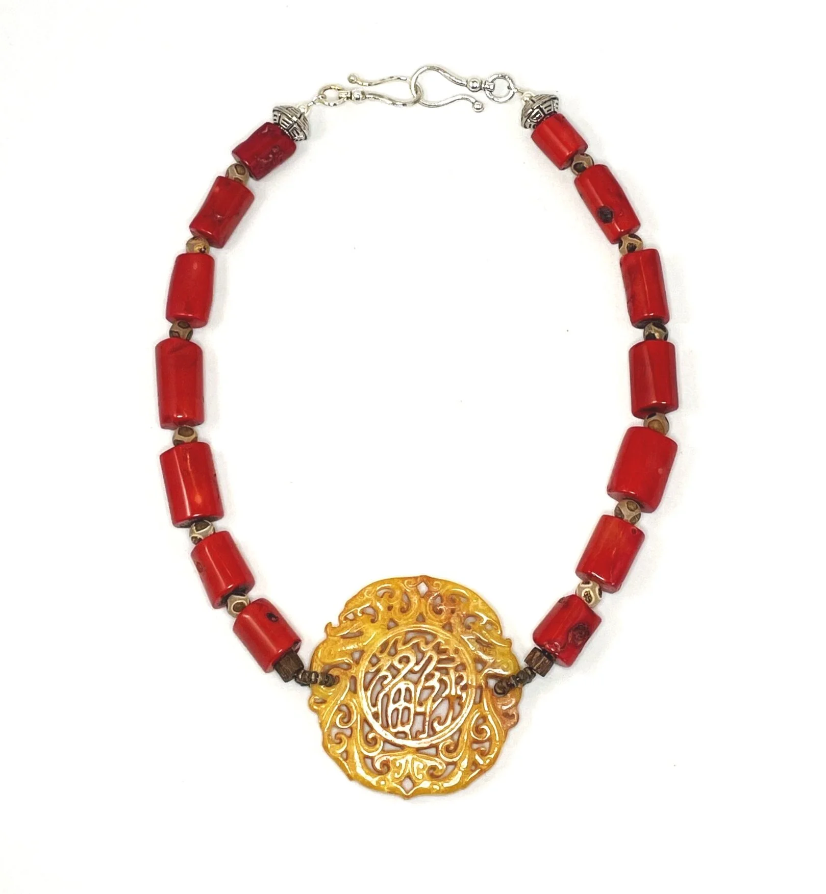 Red Coral, Tibetan Agate, Wood with Hand Carved Jade Medallion Statement Necklace with Signature Clasp