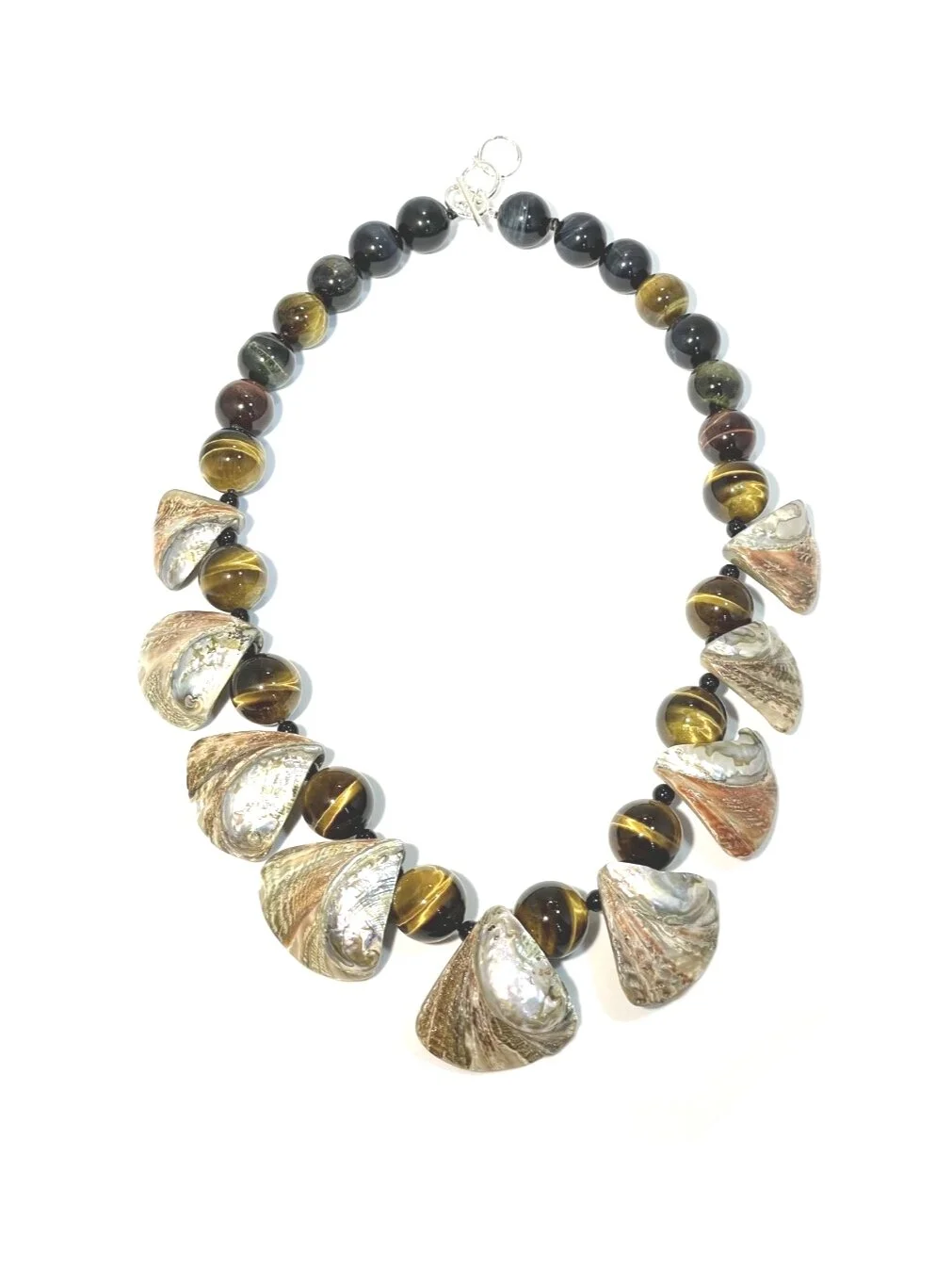 Vibrant Colors of Hand Knotted Abalone Shell and Tiger Eye with Adjustable Toggle Clasp
