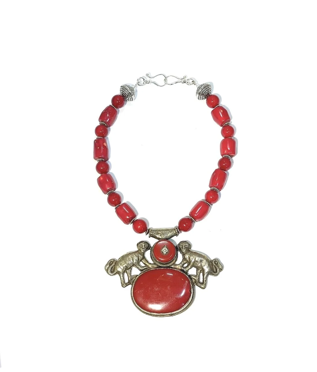 Reversible Red Coral with Silver Monkey/Elephant Medallion Statement Necklace with Signature Clasp