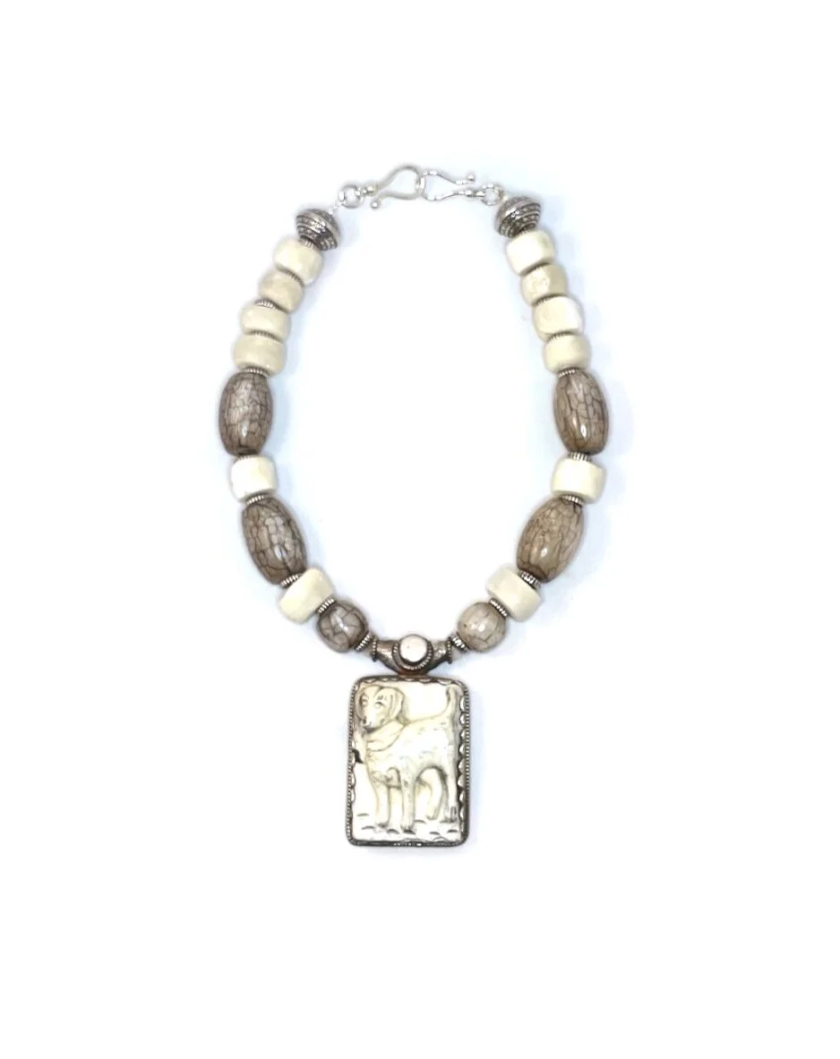 Reversible Bone with Mother of Pearl and Silver Carved Jade Dog/Deer Medallion Statement Necklace with Signature Clasp