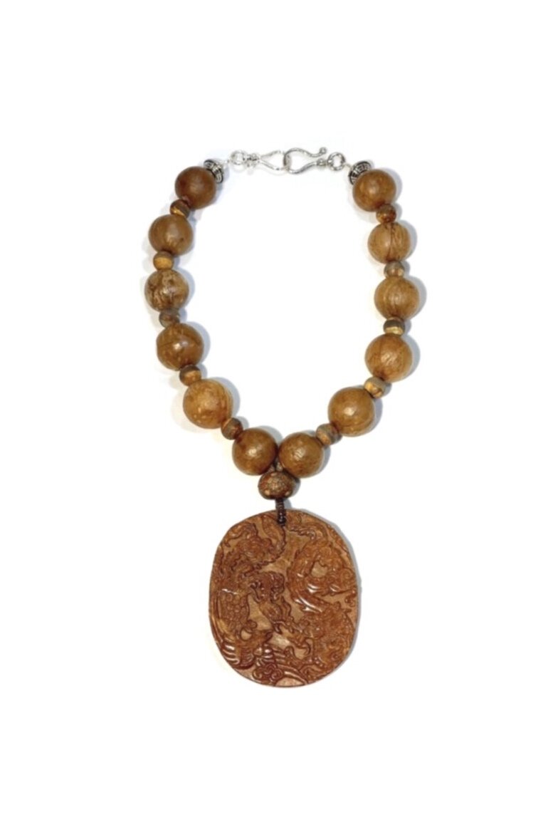 Hand Carved Jade Medallion with Tibetan Agate, Nut and Wood with Signature Clasp