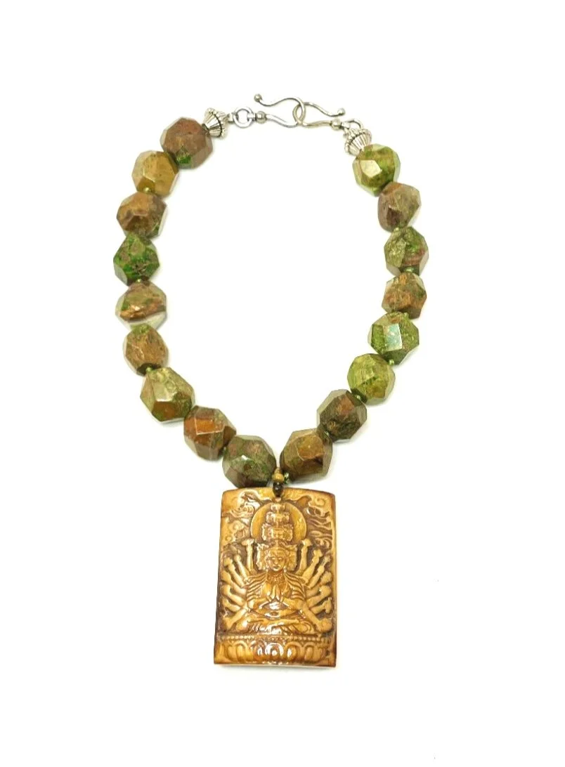 Hand Knotted Earth Tones Unakite with Hand Carved Wood Medallion Necklace