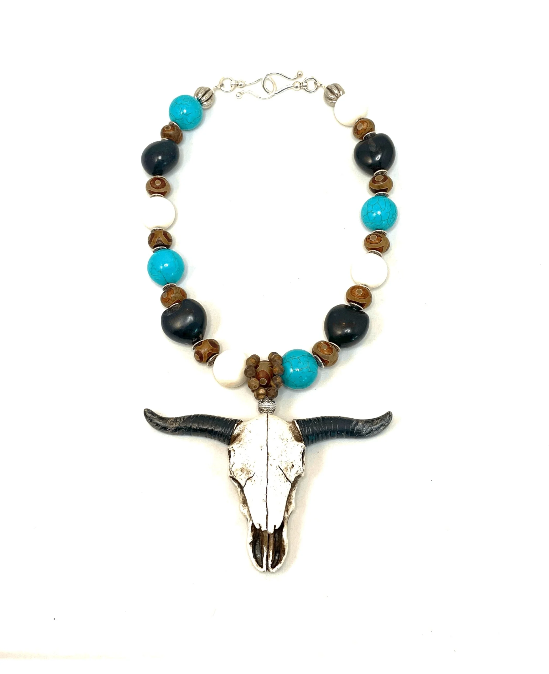 Sponge Coral, Tibetan Agate, Kukui Nut and Turquoise Howlite with Steer Medallion Statement Necklace