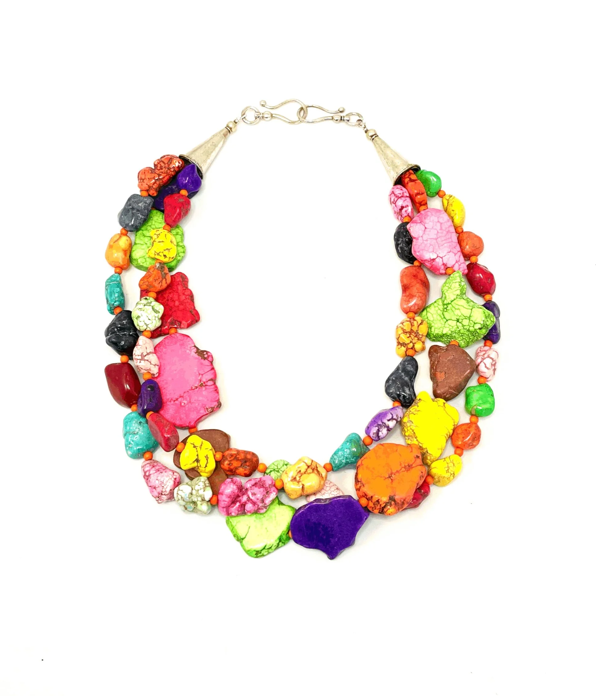 Vibrant Multicolored/Multi-Strand Turquoise Howlite Medallion Necklace with Silver Cone and Signature Clasp