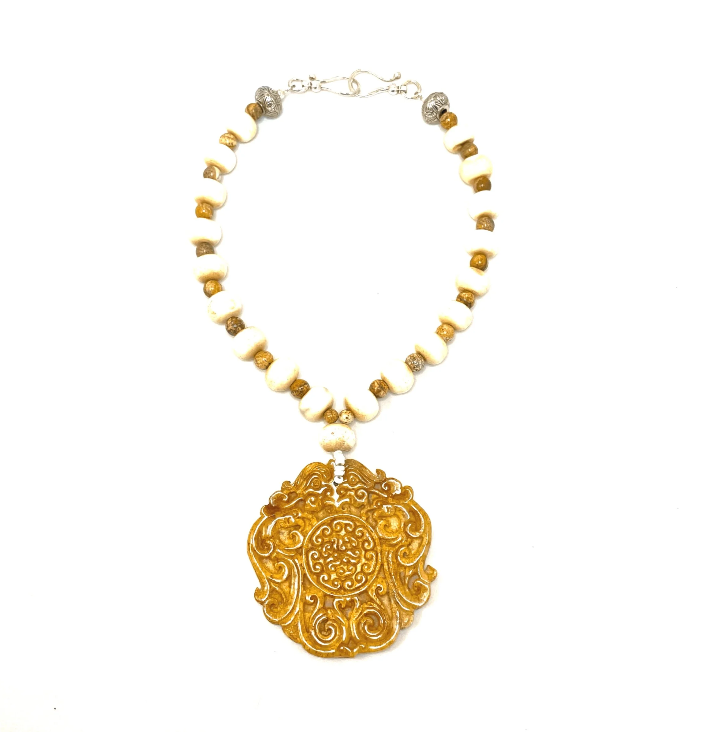 Bone, Turquoise Howlite with Hand-Carved Jade Medallion Statement Necklace