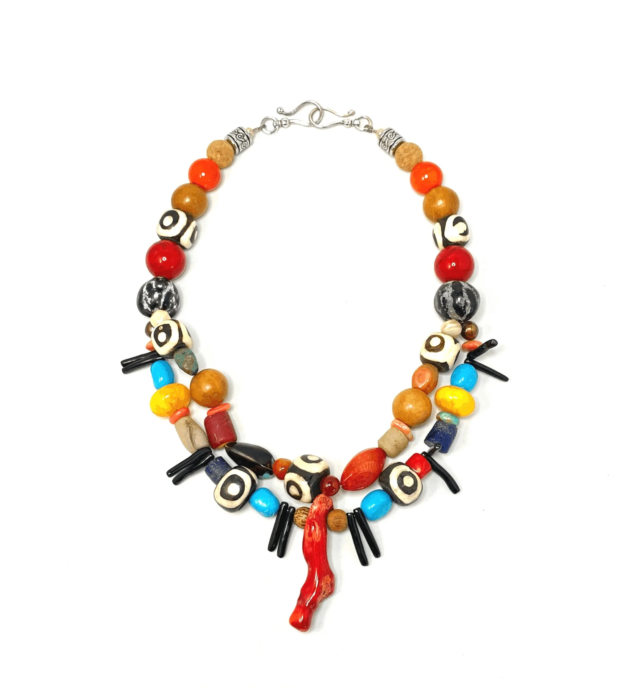 Aztec Assorted Coral, Jade, Turquoise Jasper, Wood, Cork with Coral Medallion