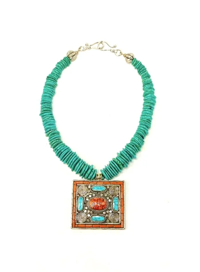 Turquoise Howlite with Tibetan Coral and Turquoise Silver Medallion