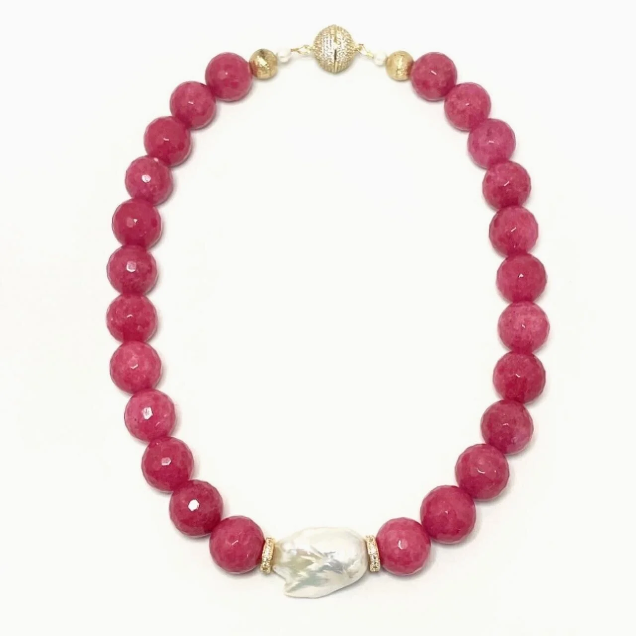 Pink Faceted Onyx with Baroque Pearl and Gold Roundels with Magnetic Clasp