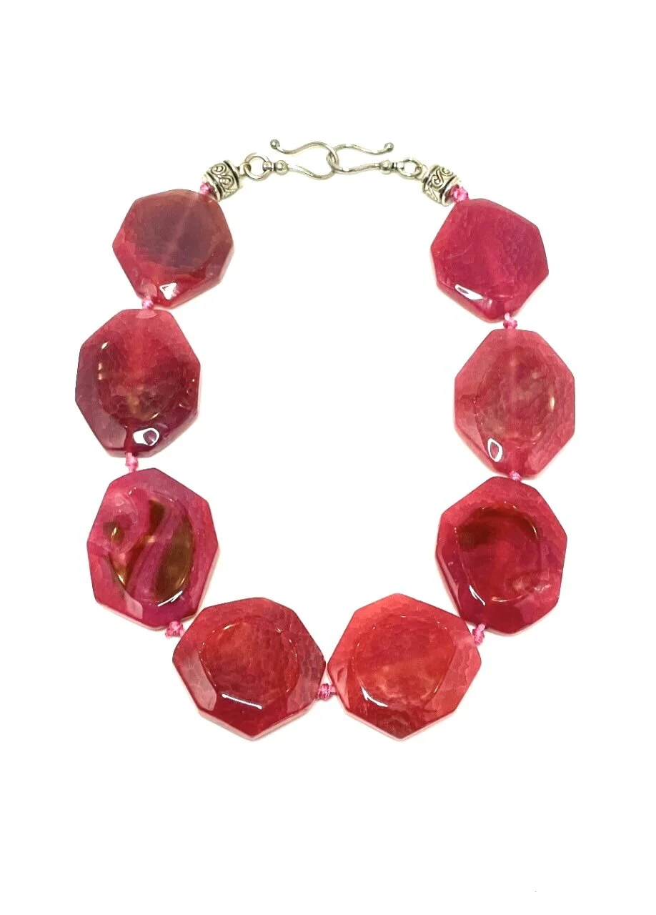 Vibrant Pink Hand-Knotted Faceted Agate Medallion Statement Necklace with Signature Clasp