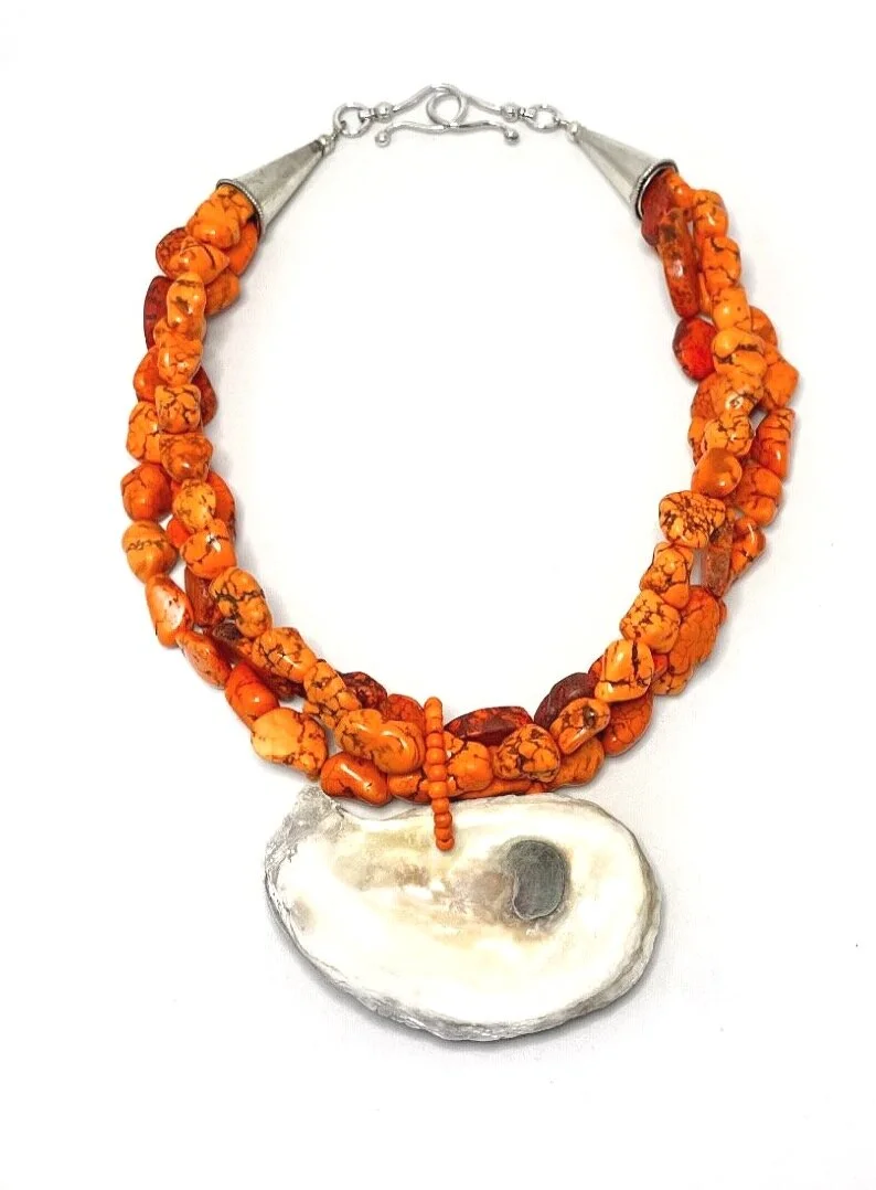 Multi-Strand Orange Turquoise Howlite with Removable Oyster Shell Medallion Statement Necklace with Silver Cone and Signature Clasp