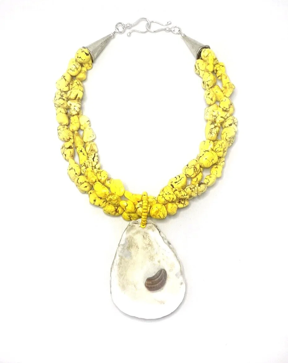 Vibrant Yellow Multi-Strand Turquoise Howlite with Oyster Shell Medallion Statement Necklace with Silver Cone and Signature Clasp