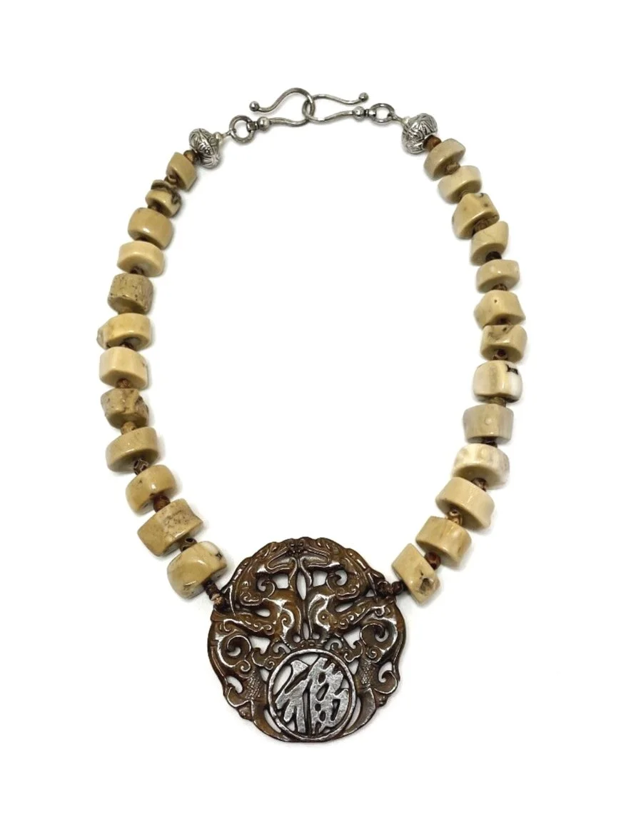 Bone Coral, Tibetan Agate with Carved Jade Medallion Statement Necklace