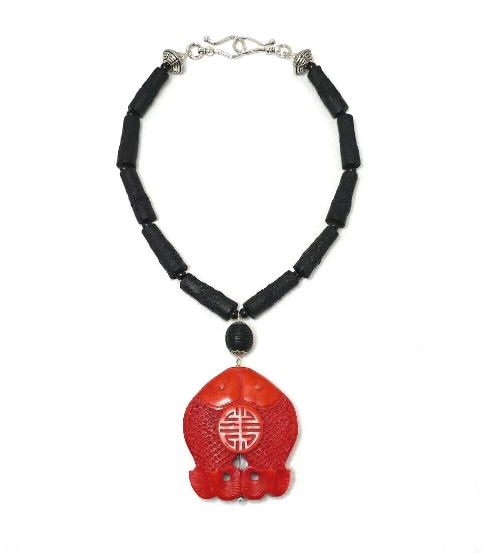 Onyx Resin with Oriental Double Fish Cinnabar Medallion and Signature Clasp