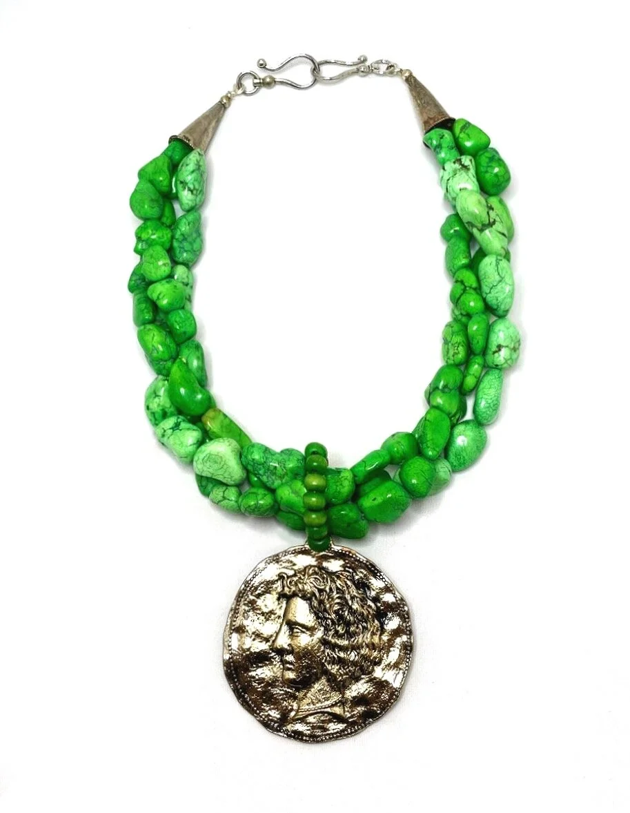 Multi-Strand Turquoise Howlite with Large Gold Coin Removable Medallion Statement Necklace