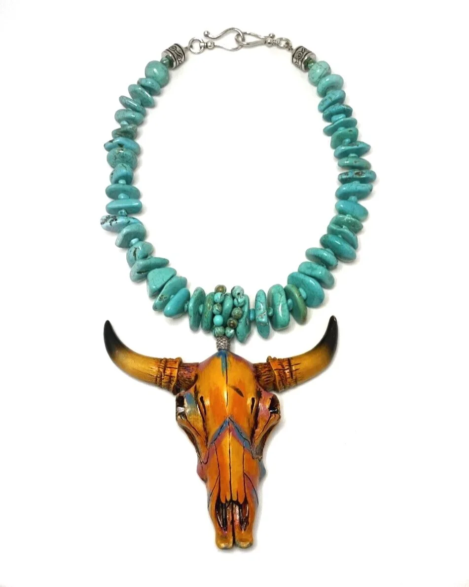 Turquoise Howlite with Multi-Color Steer Medallion Statement Necklace