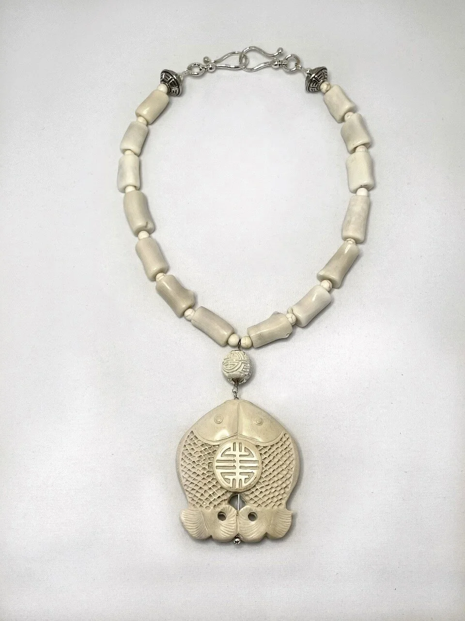 Bone Coral and Turquoise Howlite with Cinnabar Oriental Double Fish Medallion with Signature Clasp