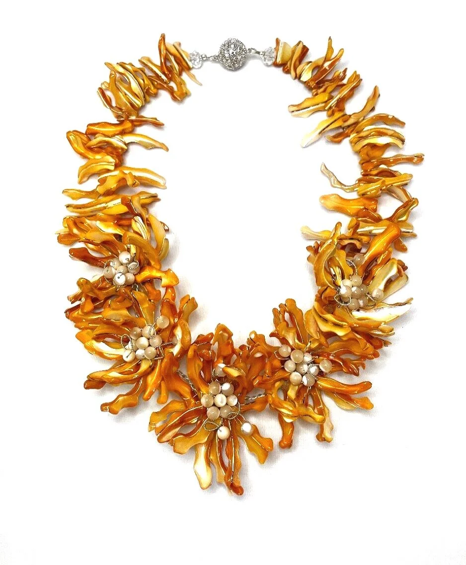 Statement Shell with Wired Shell and Mother of Pearl Shell Flower Medallions with Crystal and Silver Magnetic Clasp