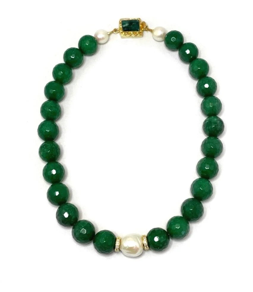 Emerald Faceted Onyx with Baroque Pearl and Gold Roundels with Tibetan Gold Emerald Clasp