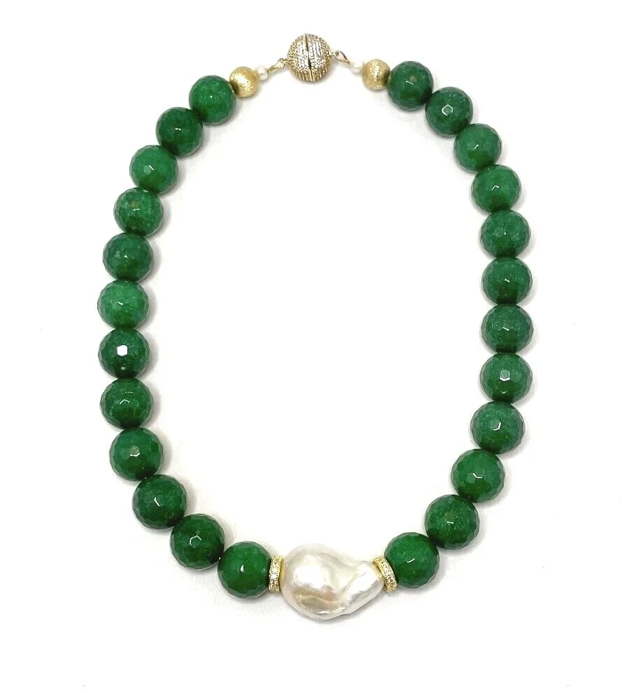 Emerald Faceted Onyx with Baroque Pearl and Gold Roundels with Magnetic Clasp