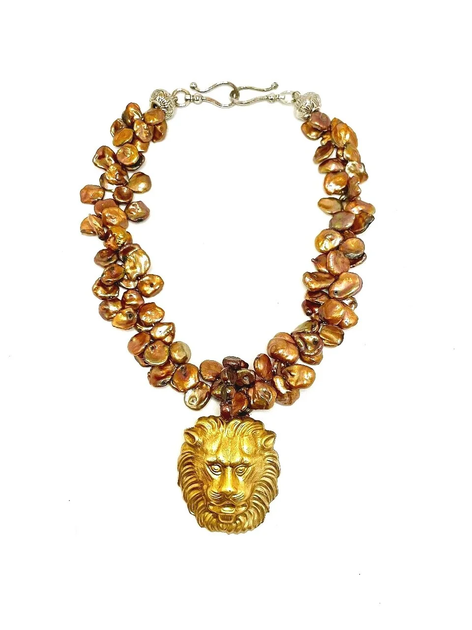 Double Strand Keshi Pearl with Removable Freshwater Pearl and Lion Head Medallion Necklace 